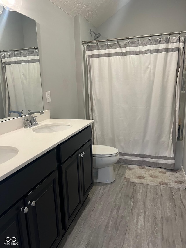 bathroom with lofted ceiling, vanity, wood-type flooring, a textured ceiling, and toilet