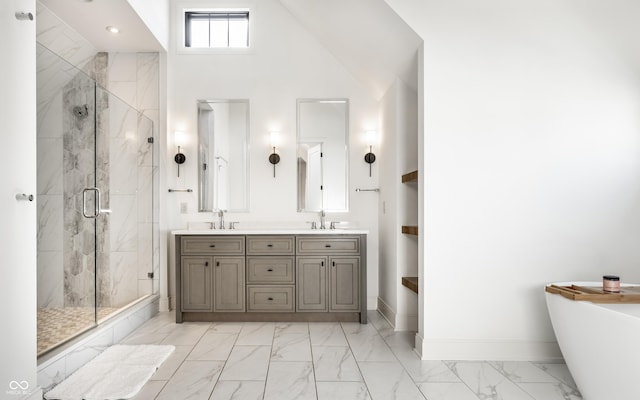 bathroom with independent shower and bath and vanity