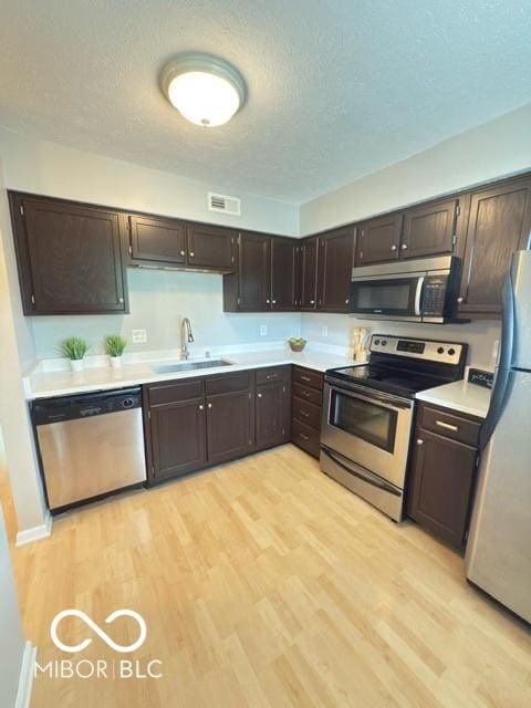 6639 N College Ave, Indianapolis, IN 46220 - kitchen with stainless steel appliances, a sink, dark brown cabinets, a textured ceiling, and light wood finished floors