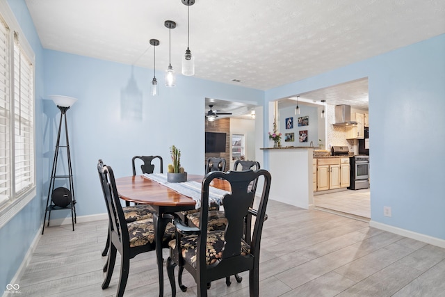 dining space with ceiling fan, a textured ceiling, and light wood-type flooring