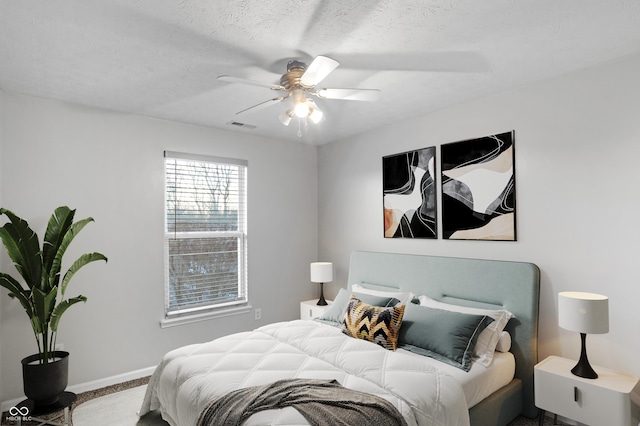 bedroom featuring ceiling fan and a textured ceiling