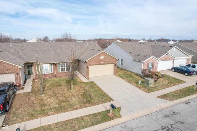 7842 Cork Bend Ln, Indianapolis, IN 46239 - single story home featuring driveway, a front yard, brick siding, a garage, and a shingled roof