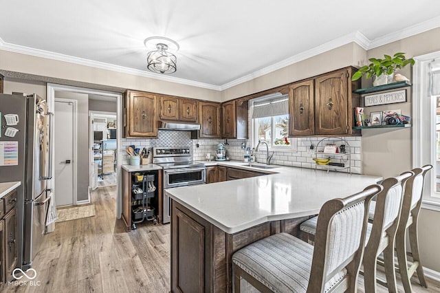 kitchen featuring sink, appliances with stainless steel finishes, light hardwood / wood-style floors, decorative backsplash, and kitchen peninsula