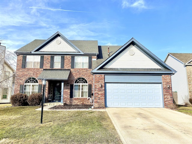 front facade with a garage and a front lawn