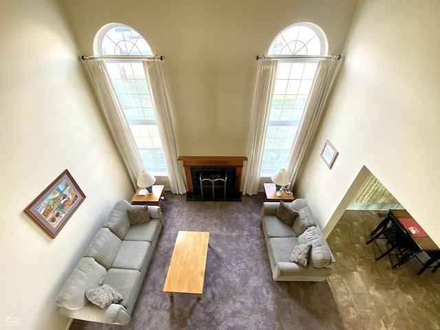 living room featuring dark carpet, a healthy amount of sunlight, and a high ceiling