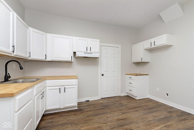 kitchen featuring dark wood finished floors, white cabinetry, a sink, under cabinet range hood, and baseboards