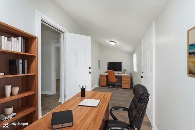 office area featuring vaulted ceiling and dark wood finished floors