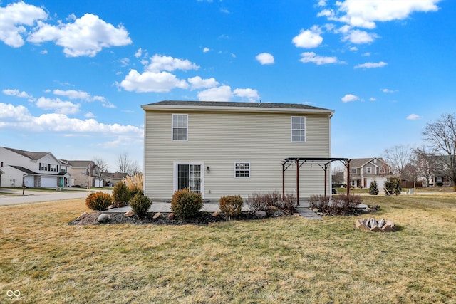 view of property exterior with a yard and a pergola