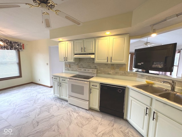 kitchen with sink, white electric stove, black dishwasher, ceiling fan, and backsplash