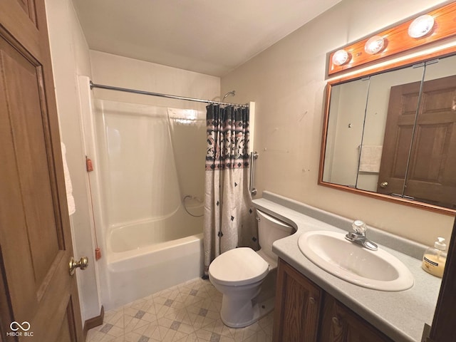 full bathroom with vanity, shower / bath combination with curtain, and toilet