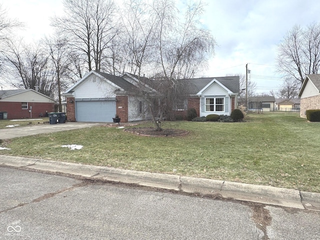 single story home featuring a garage and a front yard