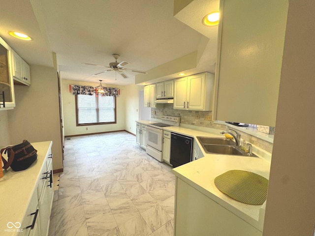 kitchen with sink, ceiling fan, backsplash, black dishwasher, and white range with electric stovetop