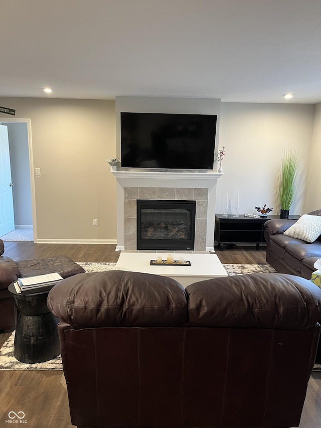 living room featuring a tiled fireplace and wood-type flooring