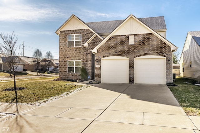 view of front of home with a garage, driveway, roof with shingles, and brick siding