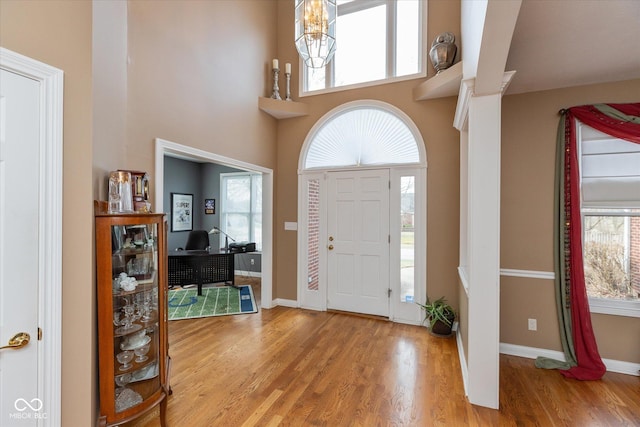 foyer entrance with a wealth of natural light and light hardwood / wood-style flooring