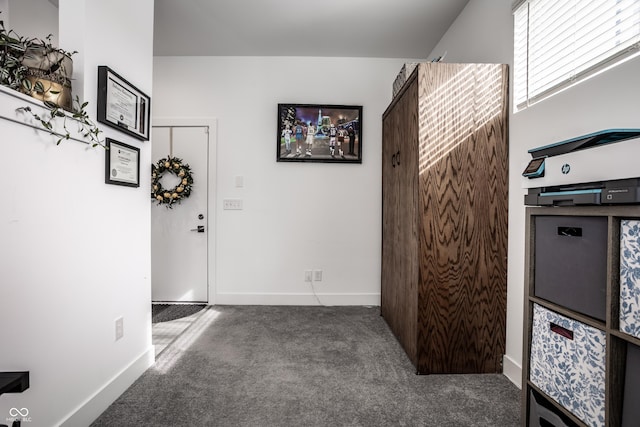 interior space with dark colored carpet