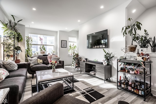 living room with light hardwood / wood-style flooring