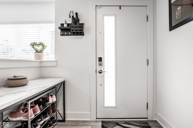 doorway to outside with wood-type flooring