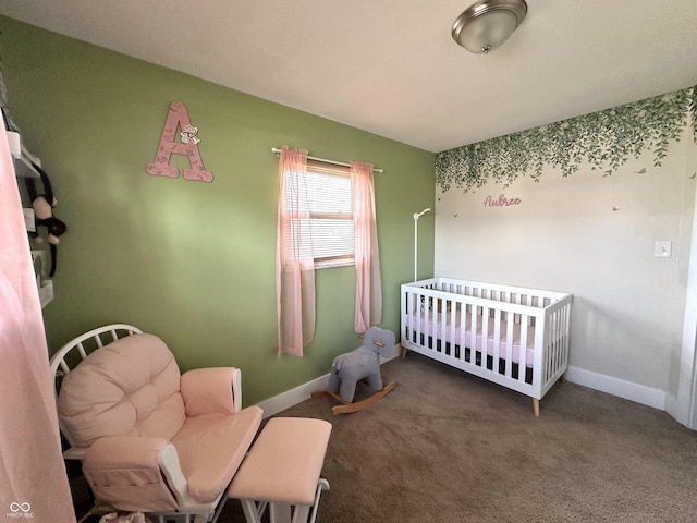 carpeted bedroom featuring lofted ceiling and a crib