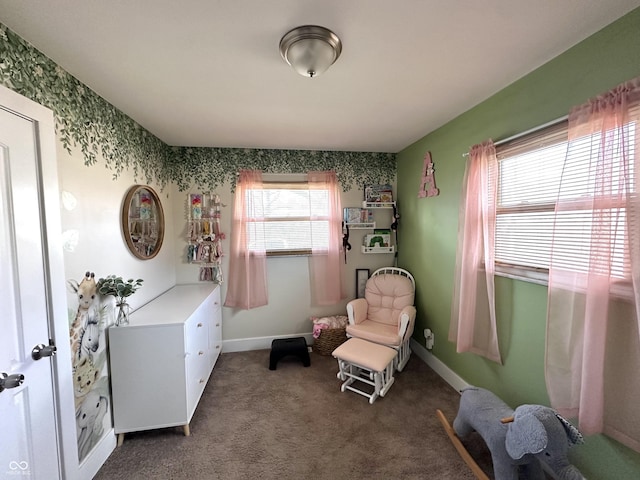 living area featuring dark carpet