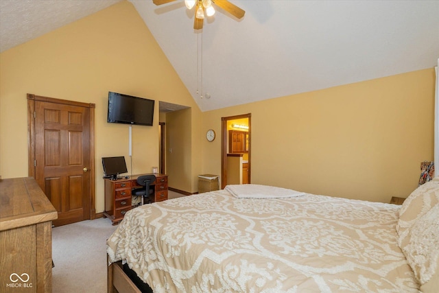 carpeted bedroom with high vaulted ceiling and ceiling fan