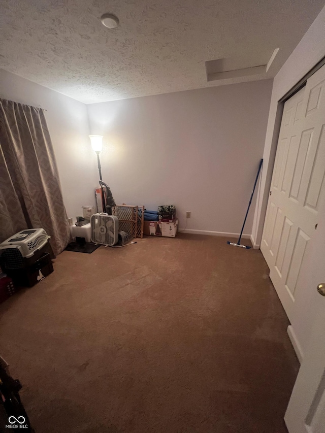 miscellaneous room with a textured ceiling and dark colored carpet