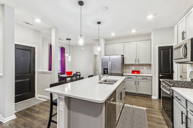 kitchen with pendant lighting, sink, decorative backsplash, stainless steel appliances, and a center island with sink