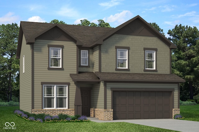 craftsman house featuring a shingled roof, brick siding, driveway, and a garage