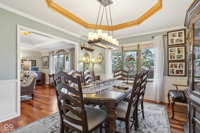 dining room with ornamental molding, a tray ceiling, dark hardwood / wood-style flooring, and a notable chandelier