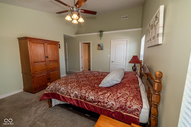 bedroom with high vaulted ceiling, carpet flooring, and ceiling fan