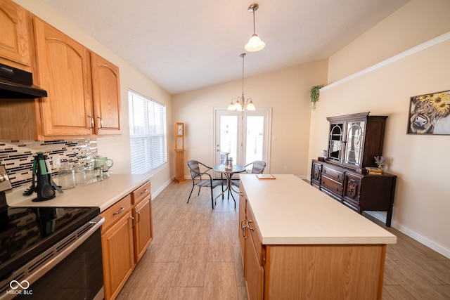 kitchen with a center island, range with electric stovetop, decorative backsplash, decorative light fixtures, and vaulted ceiling