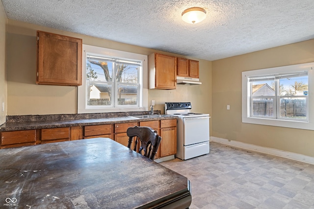 kitchen with sink, white electric stove, and a textured ceiling