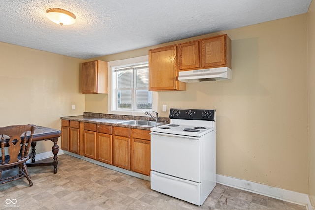 kitchen with white electric stove, sink, and a textured ceiling