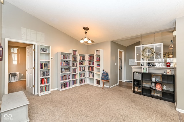 misc room with lofted ceiling and carpet