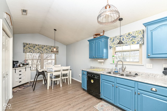 kitchen with blue cabinetry, sink, decorative light fixtures, light hardwood / wood-style flooring, and black dishwasher