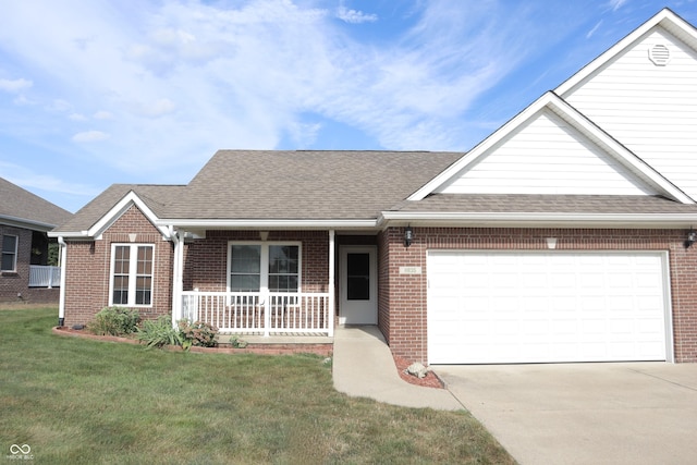 ranch-style home with a garage, a front lawn, and a porch