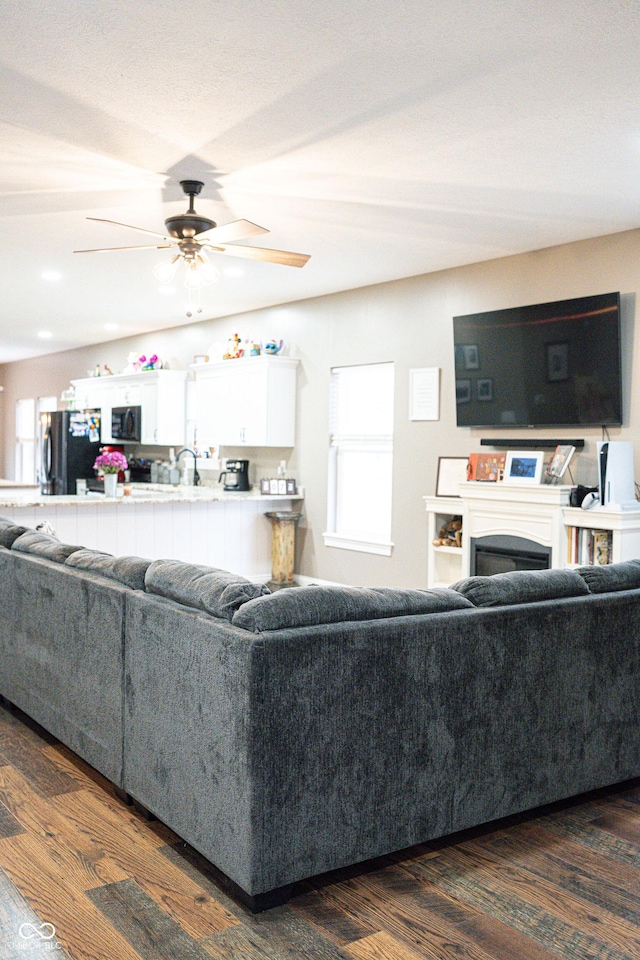 living room with ceiling fan and dark hardwood / wood-style floors