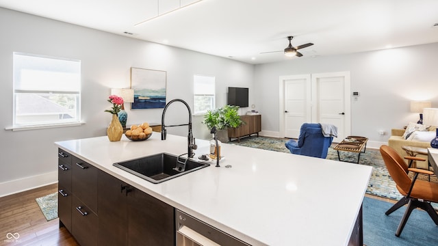 kitchen with hardwood / wood-style floors, sink, a kitchen island with sink, ceiling fan, and dark brown cabinets