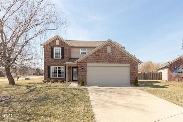 traditional home featuring brick siding, a front lawn, fence, a garage, and driveway