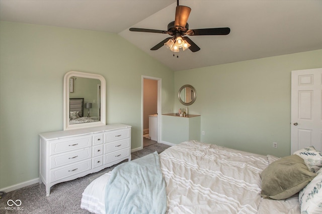 carpeted bedroom with baseboards, lofted ceiling, and a ceiling fan