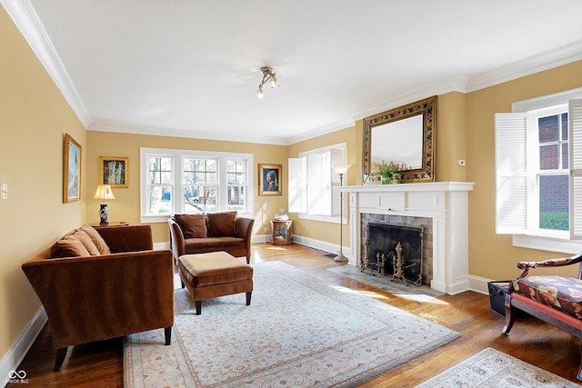 living area featuring baseboards, a fireplace, wood finished floors, and crown molding