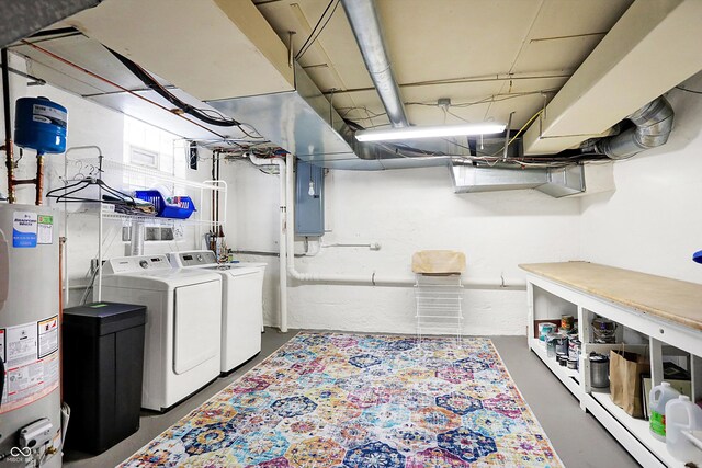 laundry area with water heater, laundry area, washing machine and clothes dryer, and electric panel