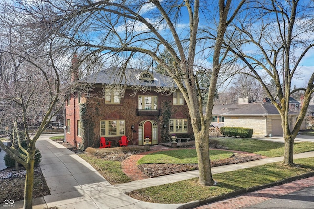 view of front of house featuring a garage, a front yard, brick siding, and a chimney