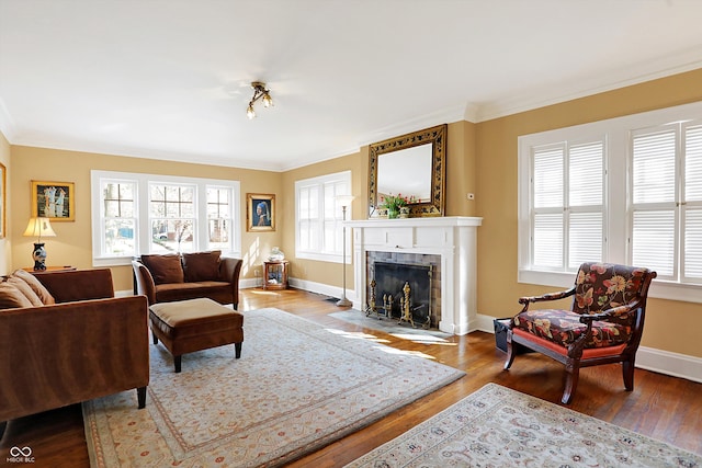 living area featuring a tile fireplace, wood finished floors, and a healthy amount of sunlight