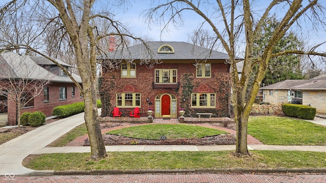 colonial inspired home with a front lawn and brick siding