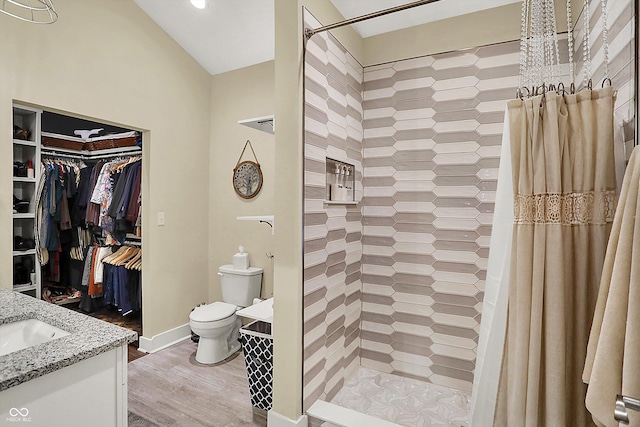 bathroom featuring vanity, toilet, hardwood / wood-style floors, and a shower with shower curtain