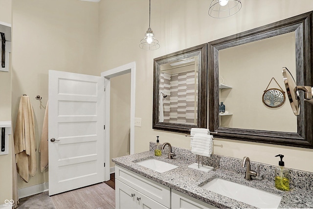 bathroom with vanity and wood-type flooring