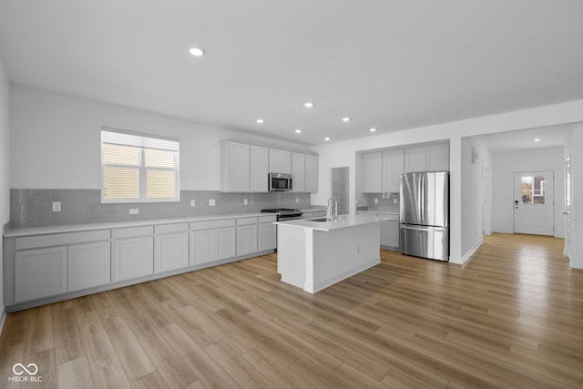 kitchen with sink, white cabinetry, stainless steel appliances, a kitchen island with sink, and backsplash