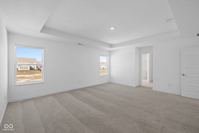 unfurnished room featuring light colored carpet and a tray ceiling