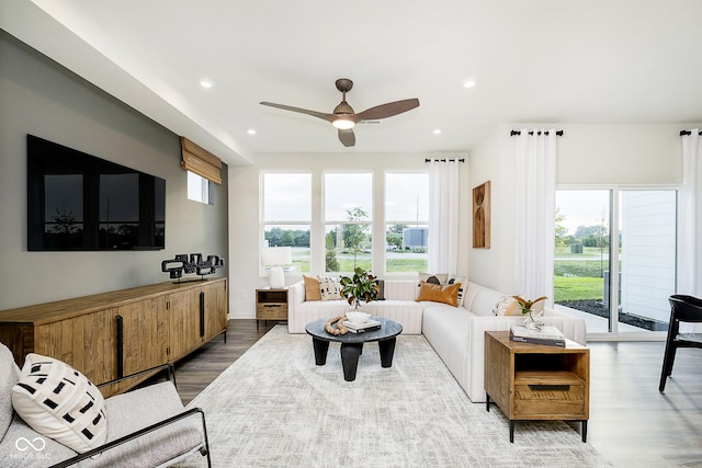 living room with hardwood / wood-style flooring and ceiling fan